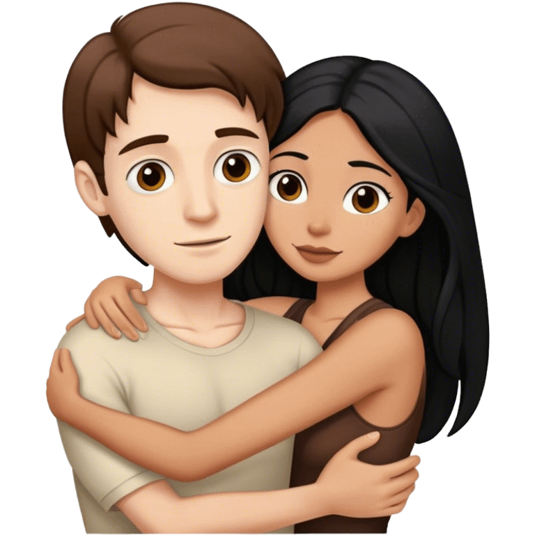 Tall pale man with brown hair hugging small latina long black hair emoji