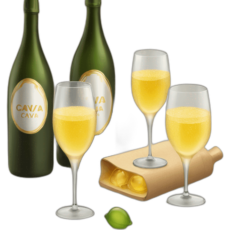 one bottle with cava logo and two glasses emoji