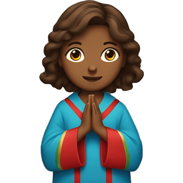 Brown haired and brown skinned women with red,blue, a little bit of green robe with her hands praying  emoji