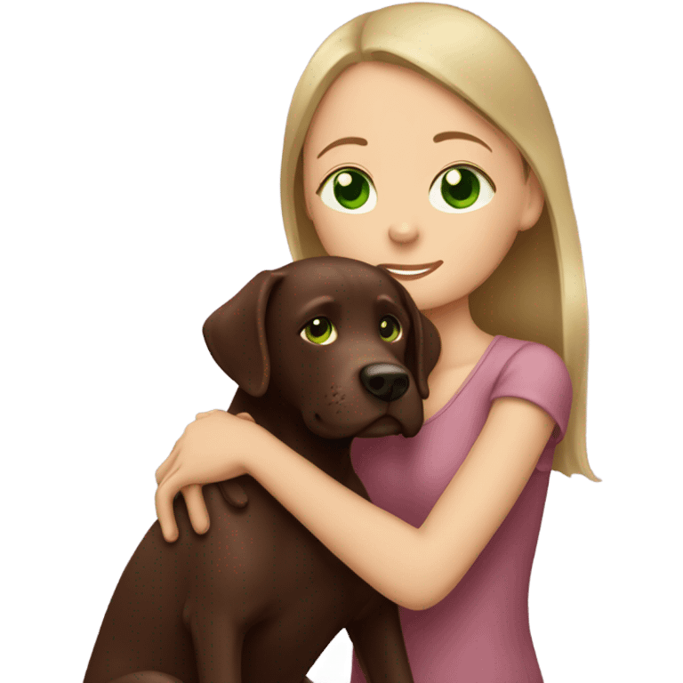 A Girl hugging her chocolate Labrador with green eyes emoji