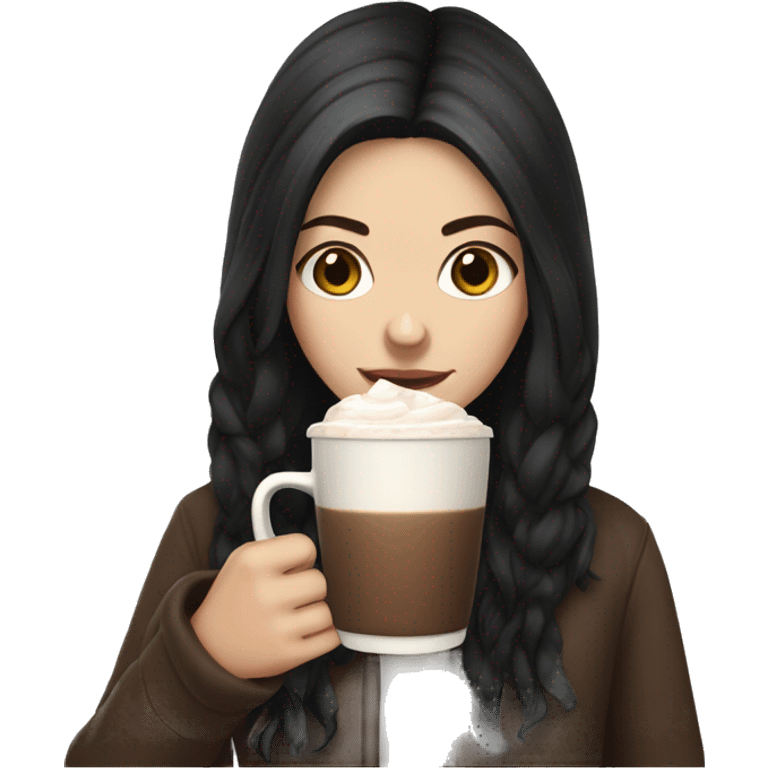 white girl with brown long black hair and a hot chocolate emoji