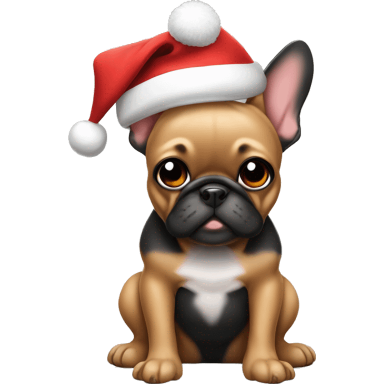 Mostly Black frenchie with tan paws wearing Santa hat and sitting emoji