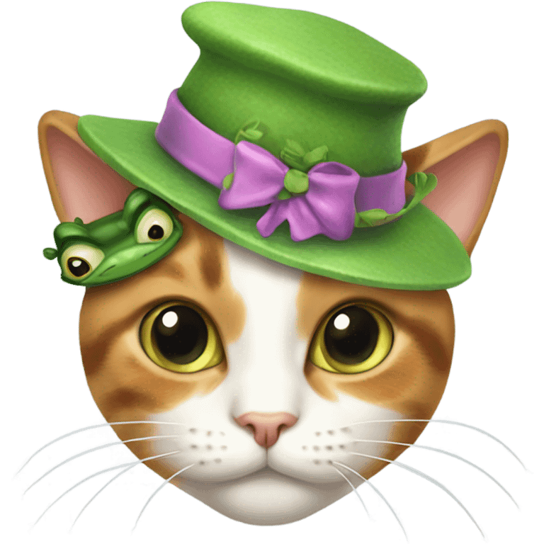 calico cat with a frog hat emoji