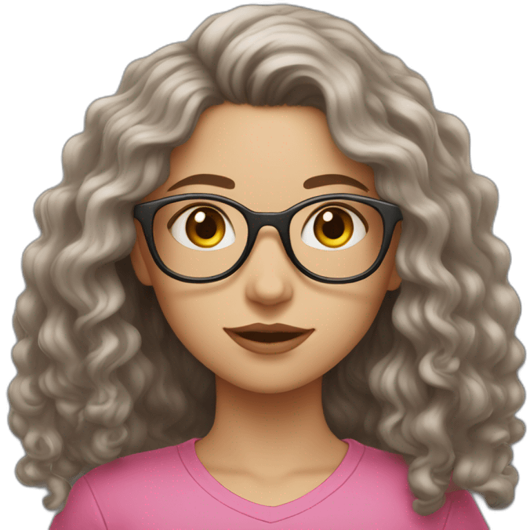 white girl with long dark curly hair and glasses in pink shirt emoji