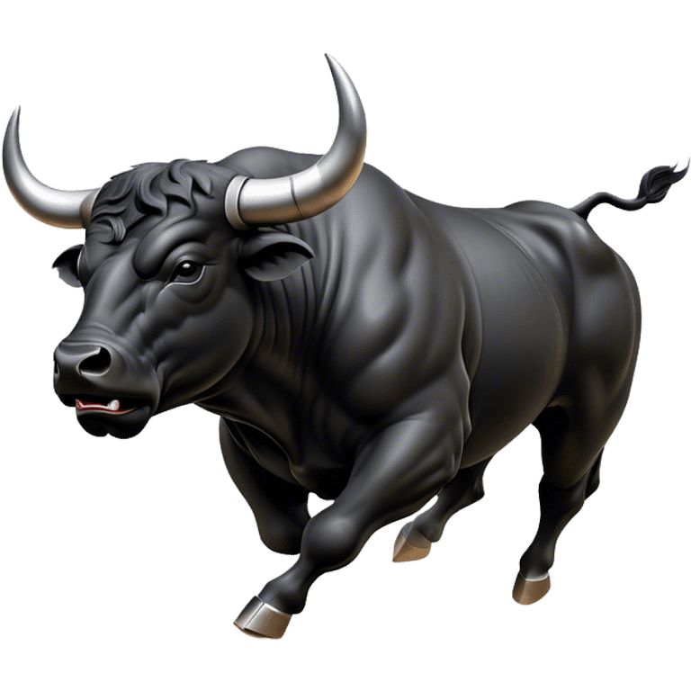 ​Cinematic Realistic Black Charging Bull, depicted in mid-charge with a powerful, muscular form and glossy black hide glistening under dynamic dramatic lighting, dust and motion captured mid-air to exude raw strength and unbridled energy on an expansive arena, emoji