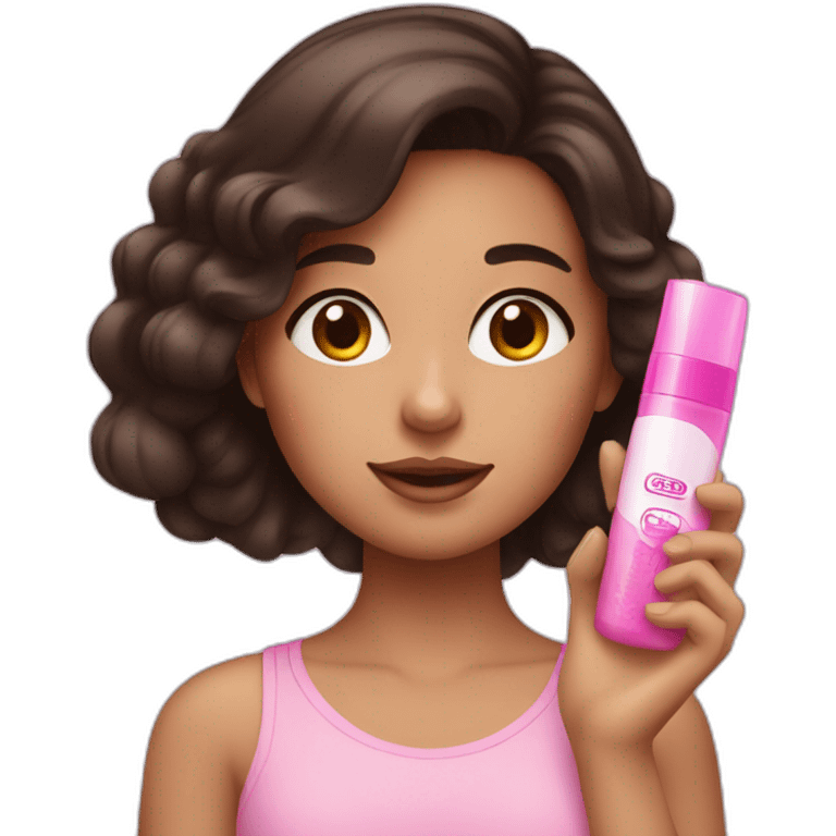 a girl with dark brown hair takes care of her face with pink products emoji