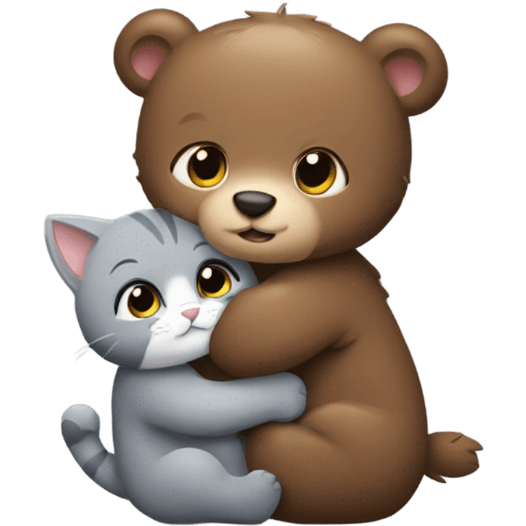 brown bear cub hugs gray cat emoji