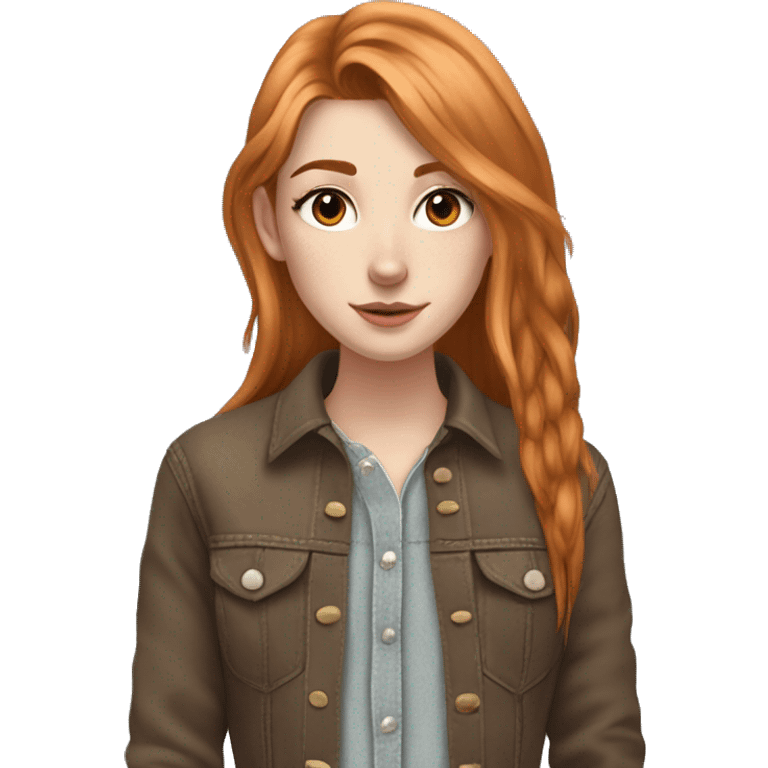 White fair skin, long hair, woman, feminine, straight hair in a wolf haircut, ginger coloured hair, grundge aesthetic, beautiful face, British, stylist, aesthetic, side bangs, front bangs, teen, full body, slim, she’s wearing a cowboy outfit emoji