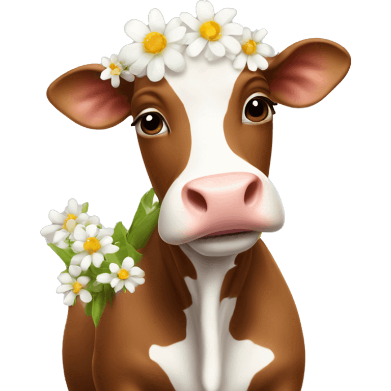 Cute brown cow with white flowers  emoji