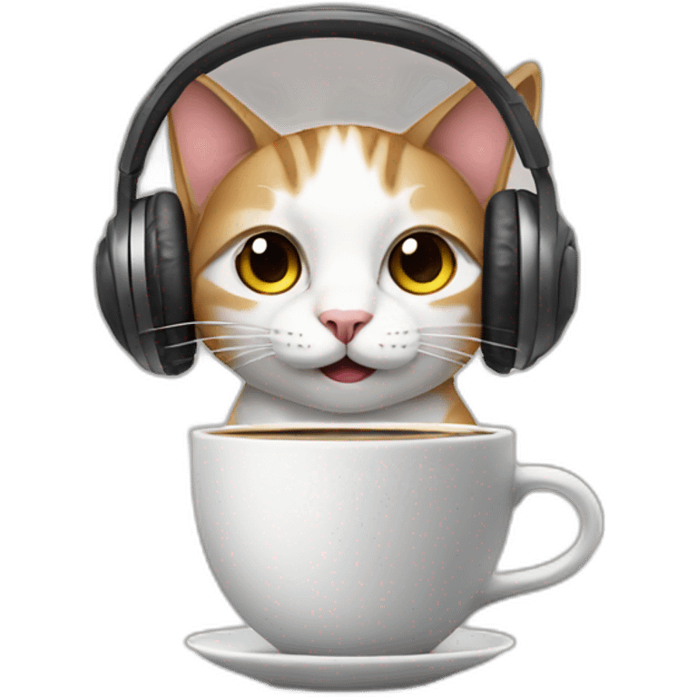 cat with a cup of coffee and wearing headphones typing on the keyboard emoji