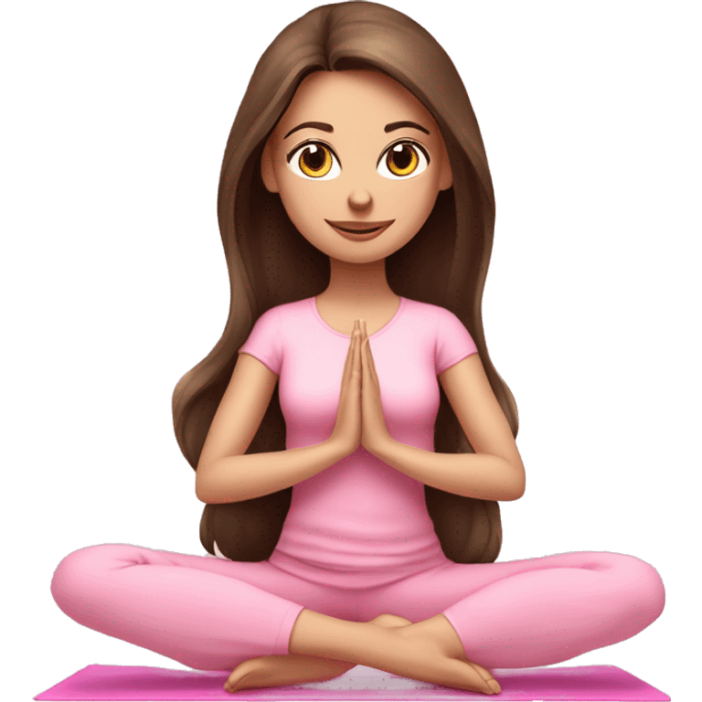 Brunette long hair and blue blue eyes yoga beautiful girl in light pink pink pink clothes sitting on a yoga mat emoji