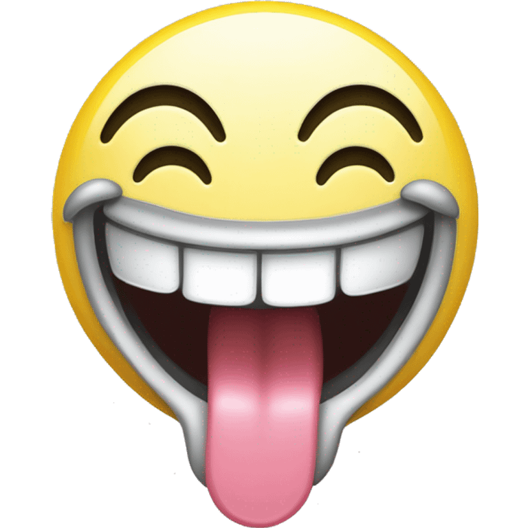 A yellow smiley face emoji grinning with tongue out, making the "horns" gesture with both hands. Eyes closed or squinting with laughter. Transparent background. emoji