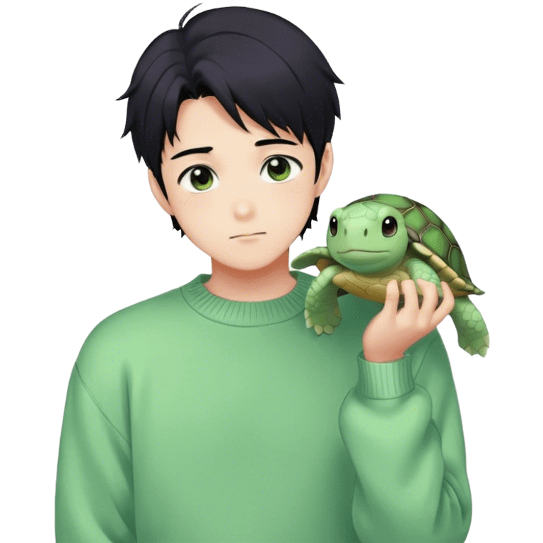 Gorgeous pastel green sweater black hair anime style shojo guy with blushing face and, turtle, aesthetic, young adult, trending style outside  emoji