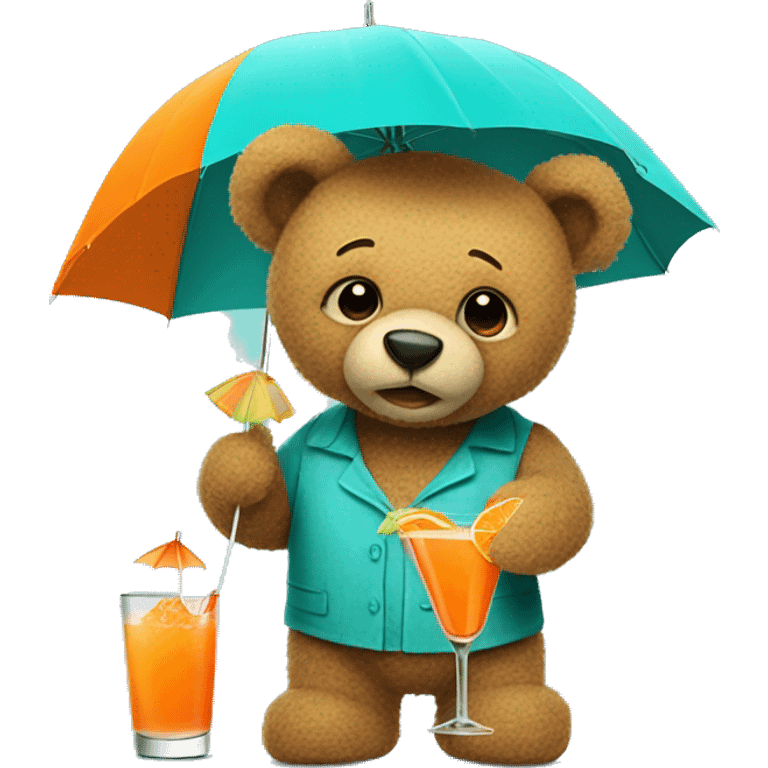 
a turquoise, tattered teddy bear holding an orange cocktail umbrella. emoji