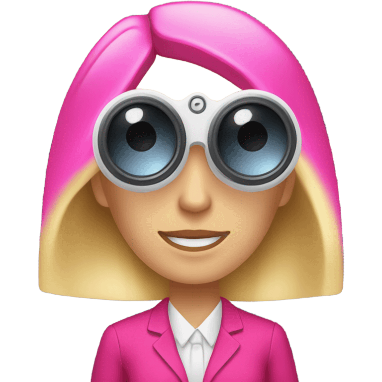 white female employee with loose blonde hair wearing intensive color pink suit looking in binoculars emoji