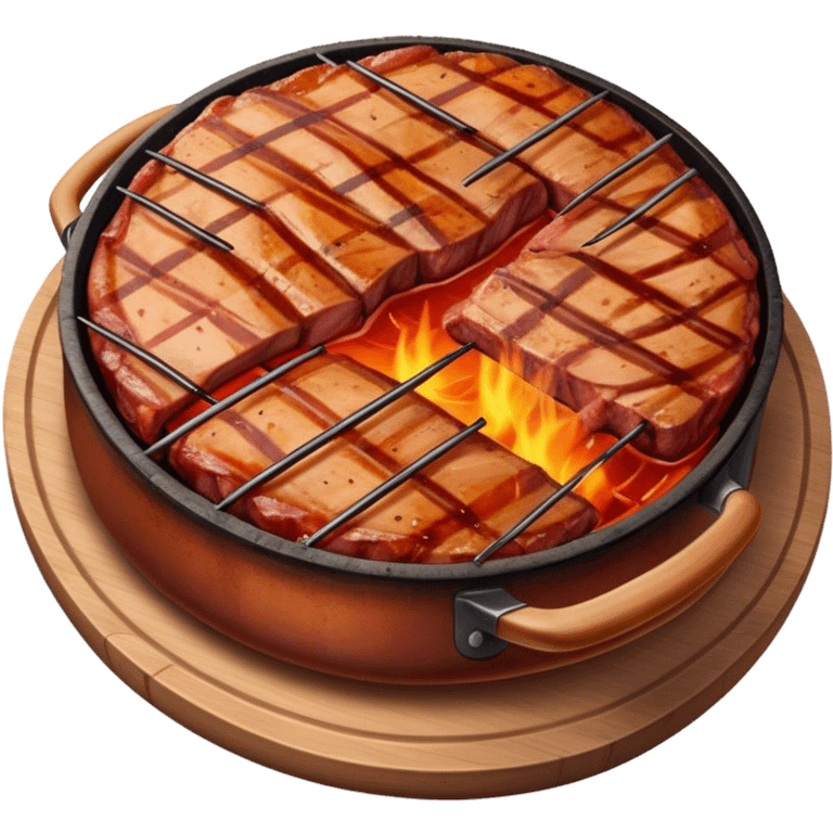 A cinematically realistic emoji with a barbecue dish, depicted as marinated meat, grilled to perfection, with a rich smoky texture and dynamic mouth-watering lighting. emoji