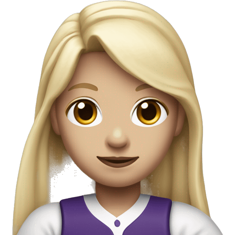 baseball card character. Blonde long straight hair. letter C logo. Purple and white uniform. emoji