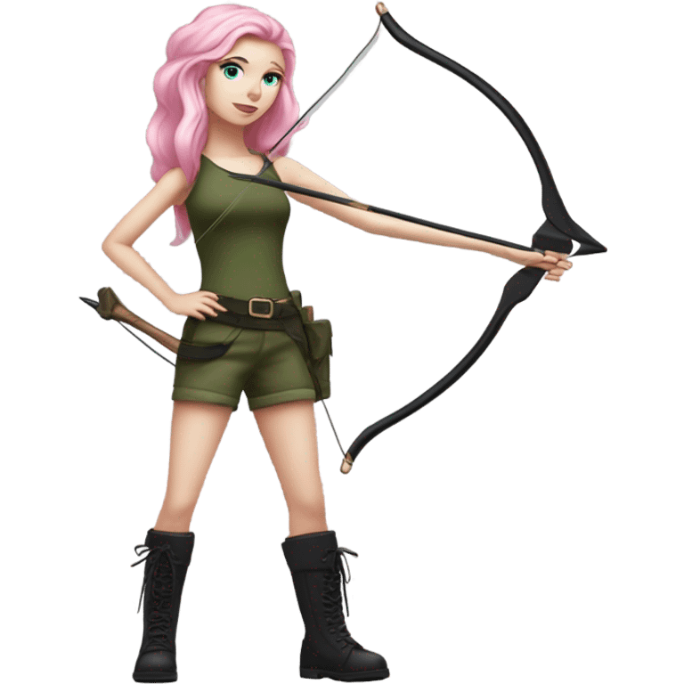 girl holding bow and arrow, long pink hair, blue eyes, white skin, army green cargo pants, black tank top, black combat boots, elf ears emoji