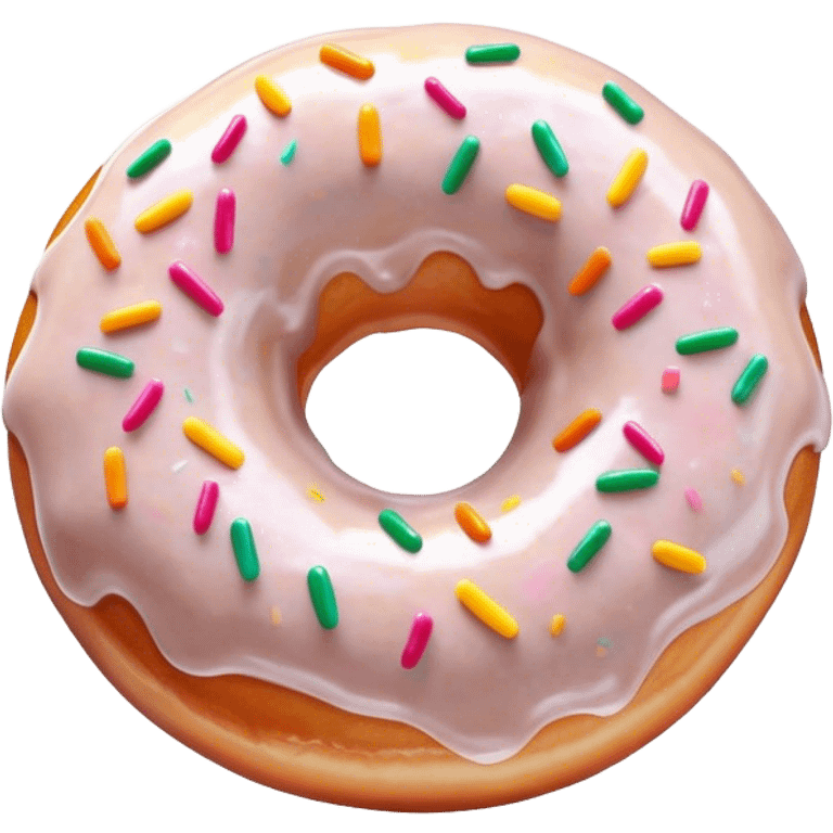 Cinematic Realistic Donut Dessert Emoji, depicted as a fluffy glazed donut with colorful sprinkles rendered with detailed textures and playful, warm lighting. emoji