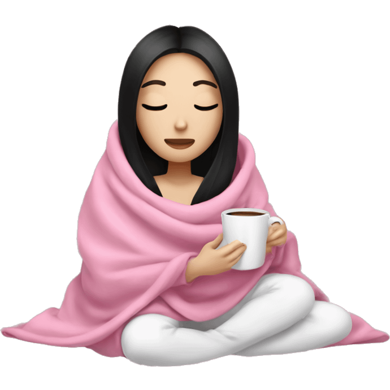 white girl with black straight hair inside a pink blanket sipping coffee eyes closed emoji