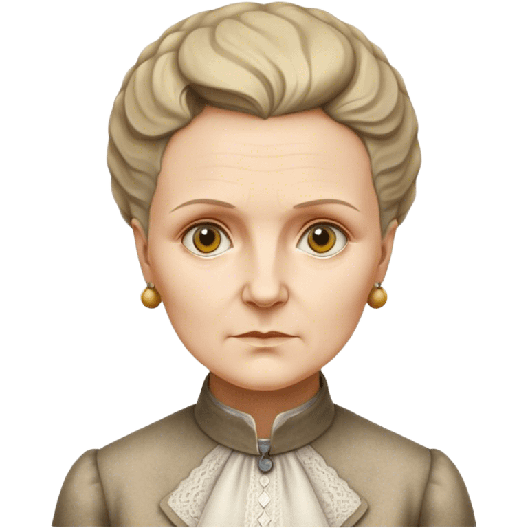 Cinematic Realistic Marie Curie Portrait Emoji, depicted as a pioneering scientist with a determined gaze in period attire, rendered with detailed textures and soft intellectual lighting that captures her groundbreaking legacy. emoji