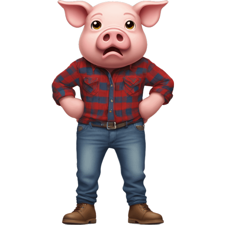 An angry humanoid pig wearing a red long sleeved flannel with blue jeans and brown shoes emoji