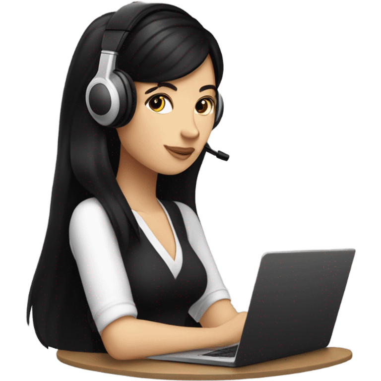 black hair white girl in a black headphones，sipping an iced Americano while holding a laptop emoji