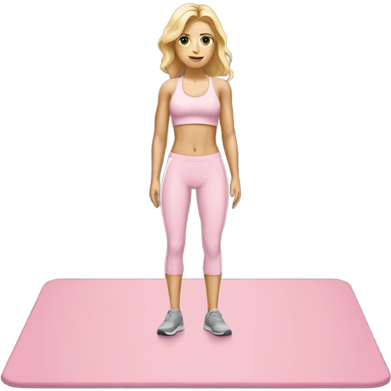 A blonde white girl in a light pink fitness suit with a full-length fitness mat emoji