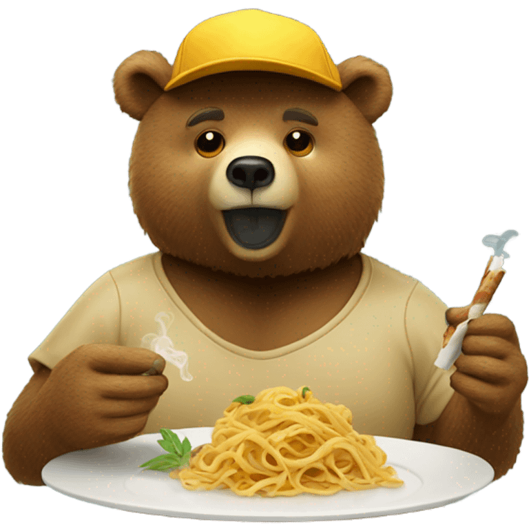 Bear eating pasta smoking weed wearing baseball cap emoji