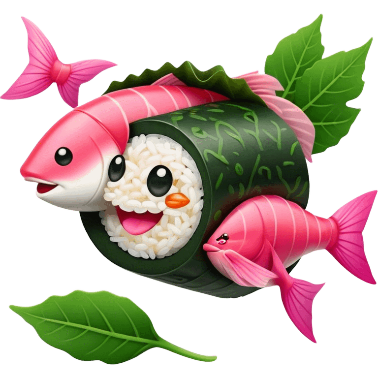 Cute Kawaii Maki Sushi Roll, small and round, wrapped in soft dark green seaweed, tiny grains of rice peeking out, a bright pink fish filling, a cheerful smiling face! emoji