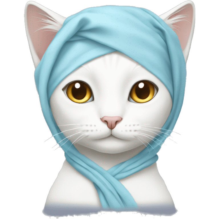 White female cat wearing a light blue wrap around headscarf with long eyelashes emoji