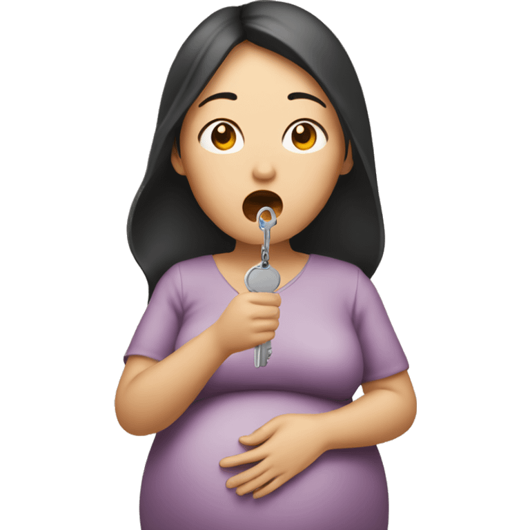 A pregnant Asian woman holds a key in her hands and her mouth is closed emoji