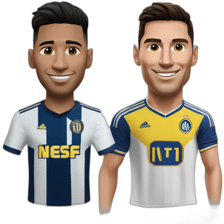 Realistic Messi wearing inter Miami football shirt and realistic Cristiano Ronaldo wearing Al-Nassr football shirt emoji