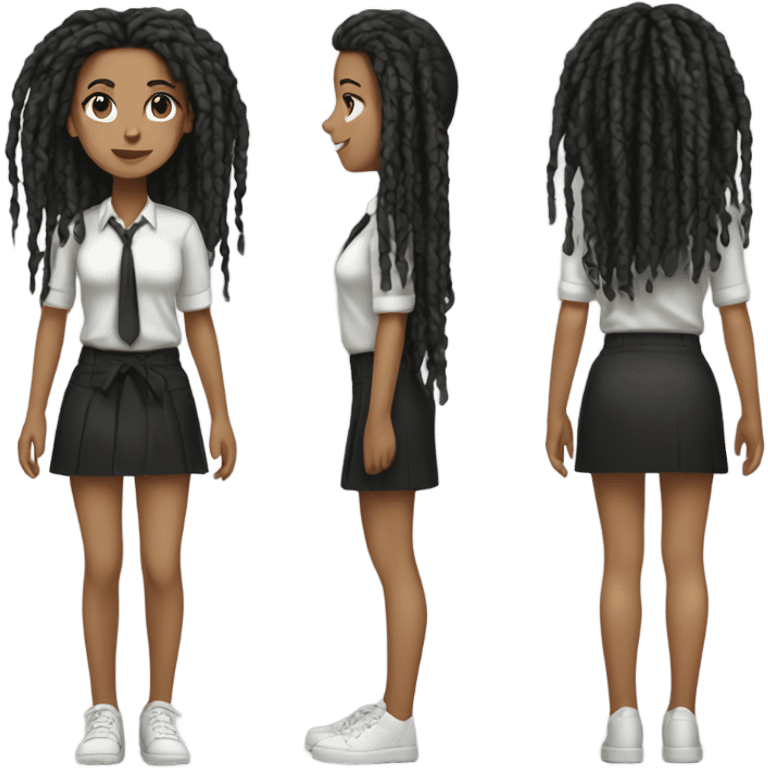 Tan girl with black locs dark white tied shirt black skirt full body emoji