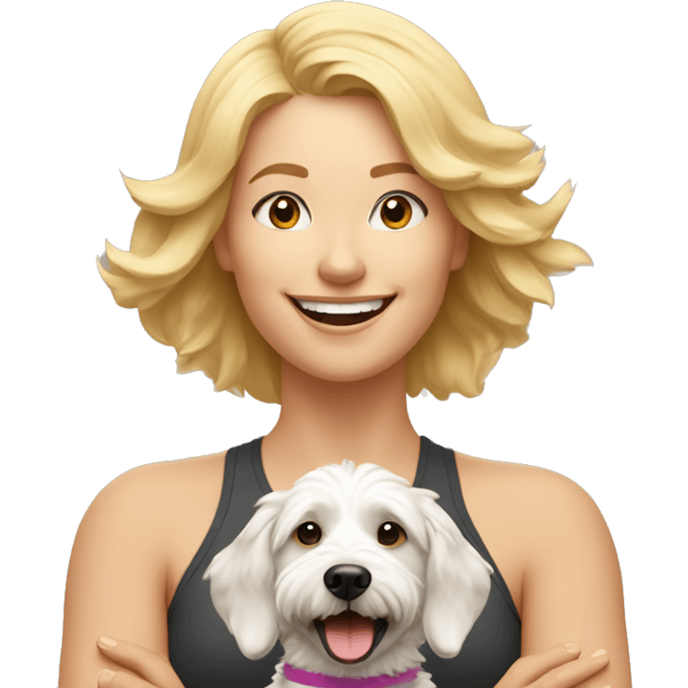 blonde woman expressing joy dressed in a yoga outfit alongside a tri-colored bernadoodle dog emoji