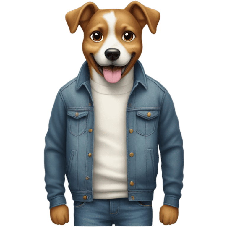 dog wearing jumper and jeans with hands in pockets standing while grinning like a human emoji