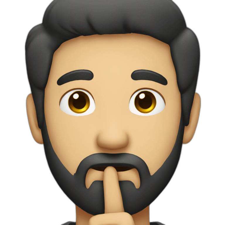 A guy with his finger in his mouth making the silence sign, black hair, beard emoji