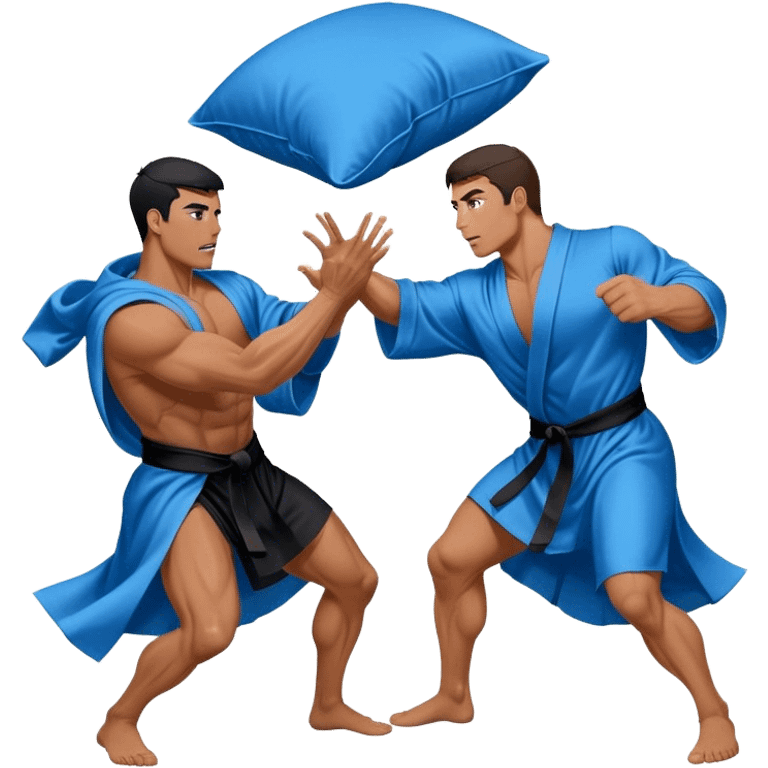 Two muscular men silk blue black robe pillow fight  emoji