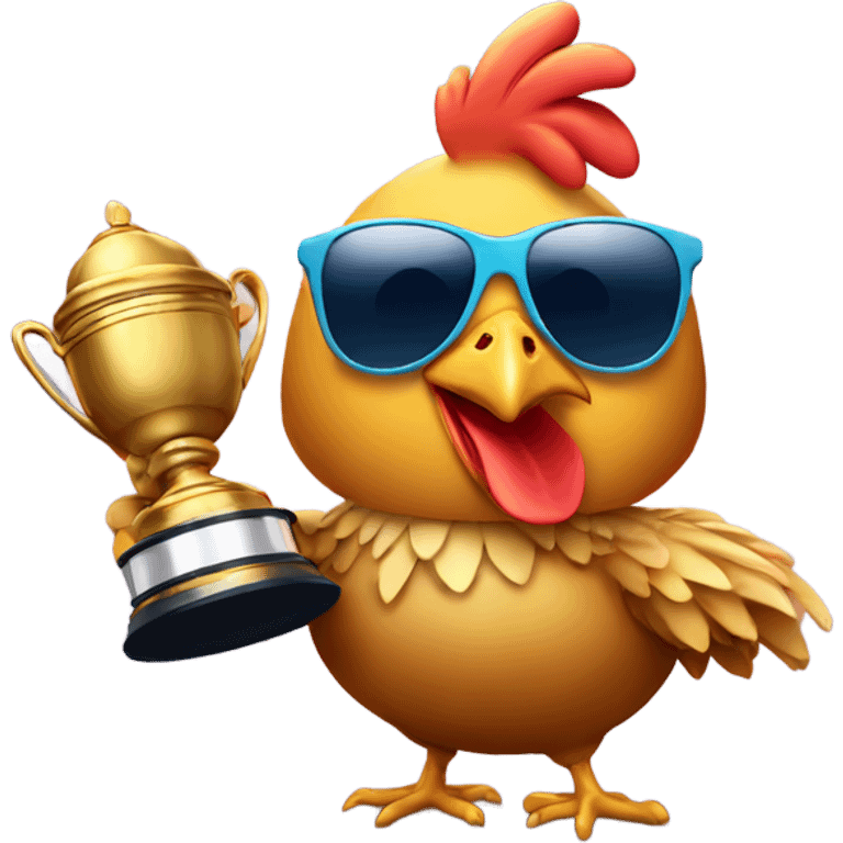 Chicken wearing sunglasses holding a trophy emoji