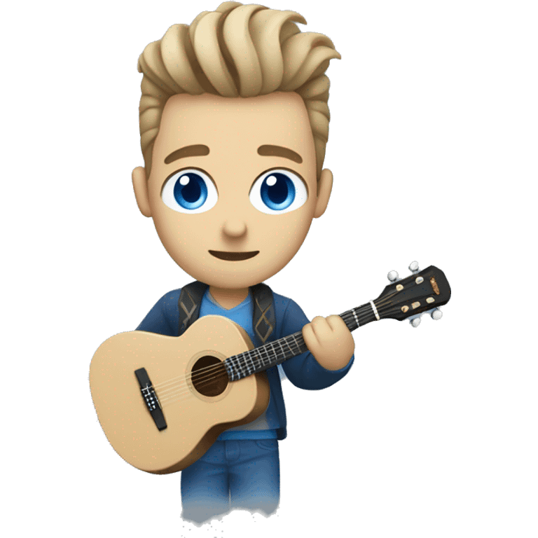 a white with blue eyes man wearing cardigan with a manbun playing guitar emoji