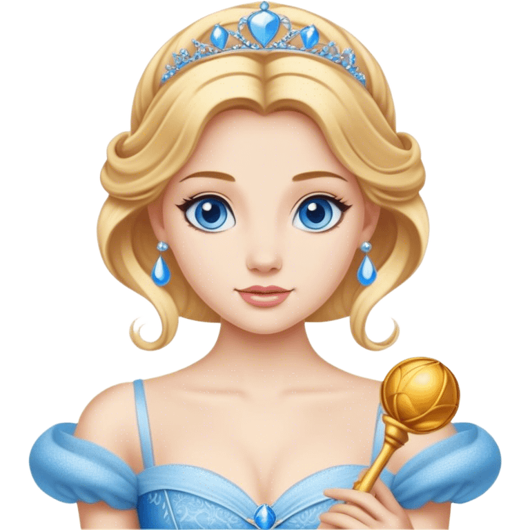 Cinematic Realistic Comical Cinderella Portrait, with every detail rendered realistically—from the soft, smooth texture of her fair skin to her artfully styled golden-blonde hair. Her bright blue eyes are wide with playful disbelief, and her expression carries a touch of whimsical humor while retaining elegant poise. Her classic ball gown, detailed with rich fabric textures and natural shadows, catches the light in a way that blends refined beauty with a hint of cheeky mischief, creating a striking, lifelike portrayal. emoji