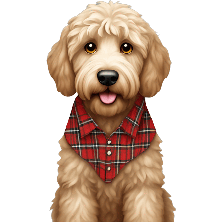 Labradoodle in a white an red tartan shirt emoji