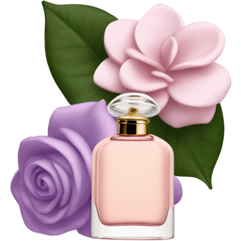 Aesthetic view of blush pink gardenias with a classic violet perfume bottle.
 emoji