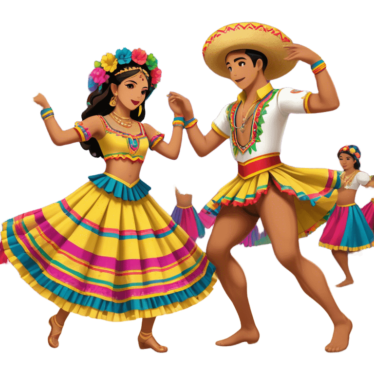 Cinematic Realistic scene of two dancers performing Cumbia, adorned in colorful traditional Colombian costumes with intricate details, captured in rhythmic motion with lively, festive lighting emoji