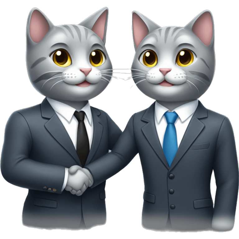 Two gray colored cats, smiling, shaking hands in suits both wearing headphones.   emoji