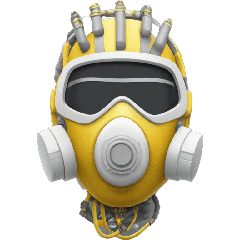 Dark yellow Mohawk female cyborg head with white respirator mask and circuits emoji