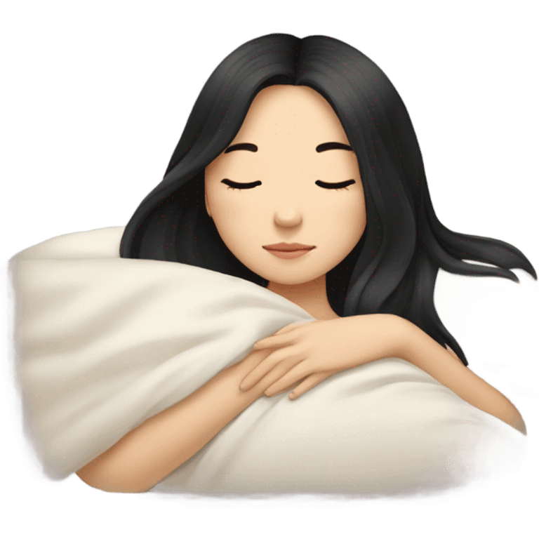 Pretty Chinese girl, long black hair, sleeping in bed emoji