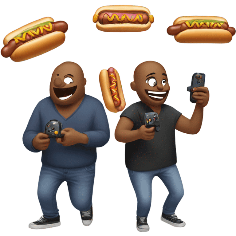 friends holding a video game controller and hot dogs and laughing emoji