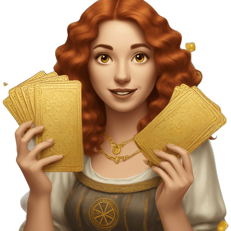 auburn hair beautiful girl with tarot gold cards emoji