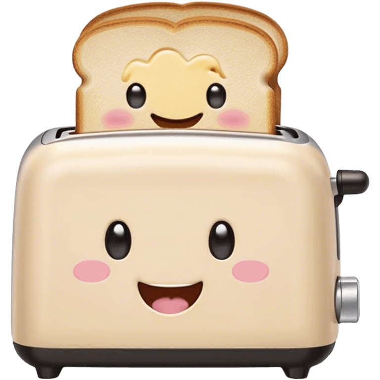 Cute Kawaii Toaster, tiny and square, soft pastel cream with a happy smile, chubby cheeks, two little toast slices popping out, giggling in excitement! emoji